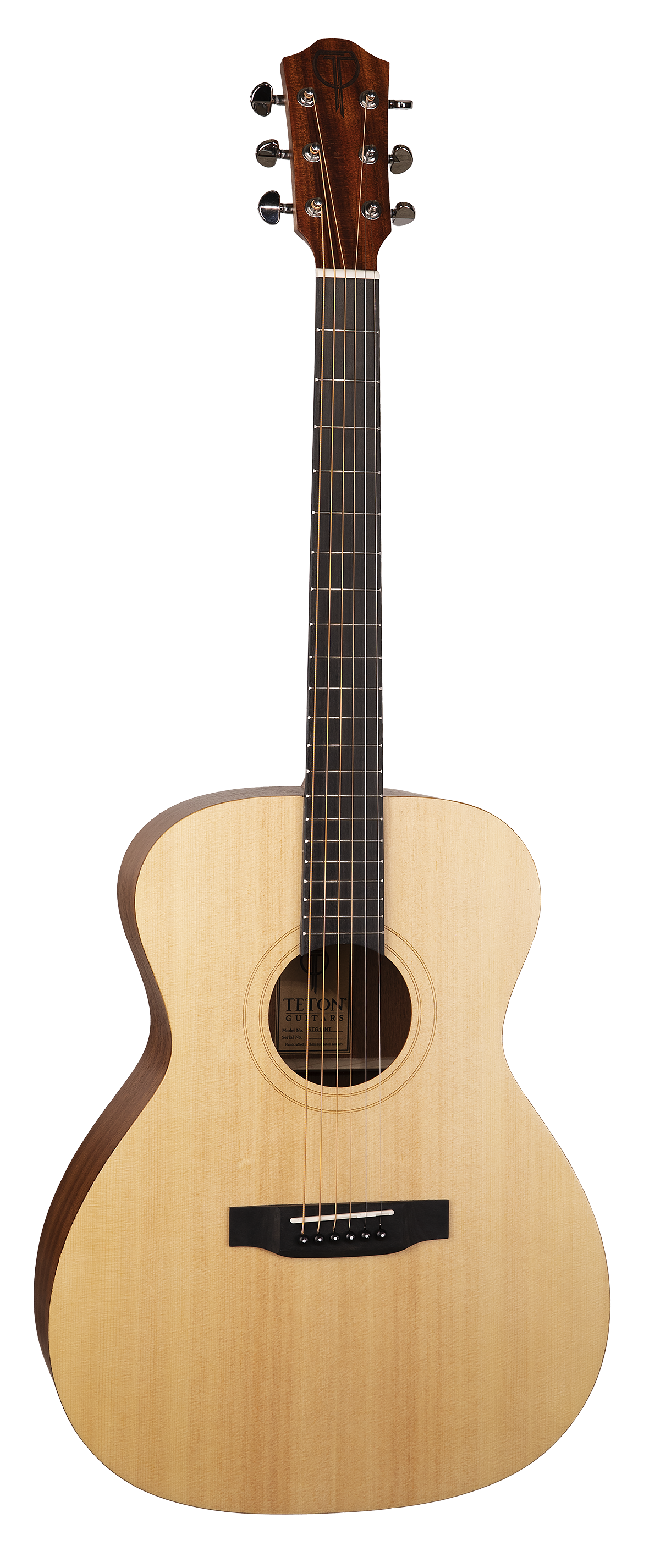 The image shows an acoustic guitar with a natural light wood top, darker wood headstock, and six tuning pegs in a 3+3 layout. It features a dark fretboard with markers, a round sound hole with rosette, a black bridge with a compensated saddle, and steel strings. The guitar has an "OM" body shape, known for balanced, articulate tones, and is photographed on a white background, likely for retail display.