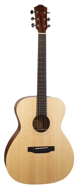 The image shows an acoustic guitar with a natural light wood top, darker wood headstock, and six tuning pegs in a 3+3 layout. It features a dark fretboard with markers, a round sound hole with rosette, a black bridge with a compensated saddle, and steel strings. The guitar has an "OM" body shape, known for balanced, articulate tones, and is photographed on a white background, likely for retail display.