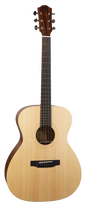 The image shows an acoustic guitar with a natural light wood top, darker wood headstock, and six tuning pegs in a 3+3 layout. It features a dark fretboard with markers, a round sound hole with rosette, a black bridge with a compensated saddle, and steel strings. The guitar has an "OM" body shape, known for balanced, articulate tones, and is photographed on a white background, likely for retail display.