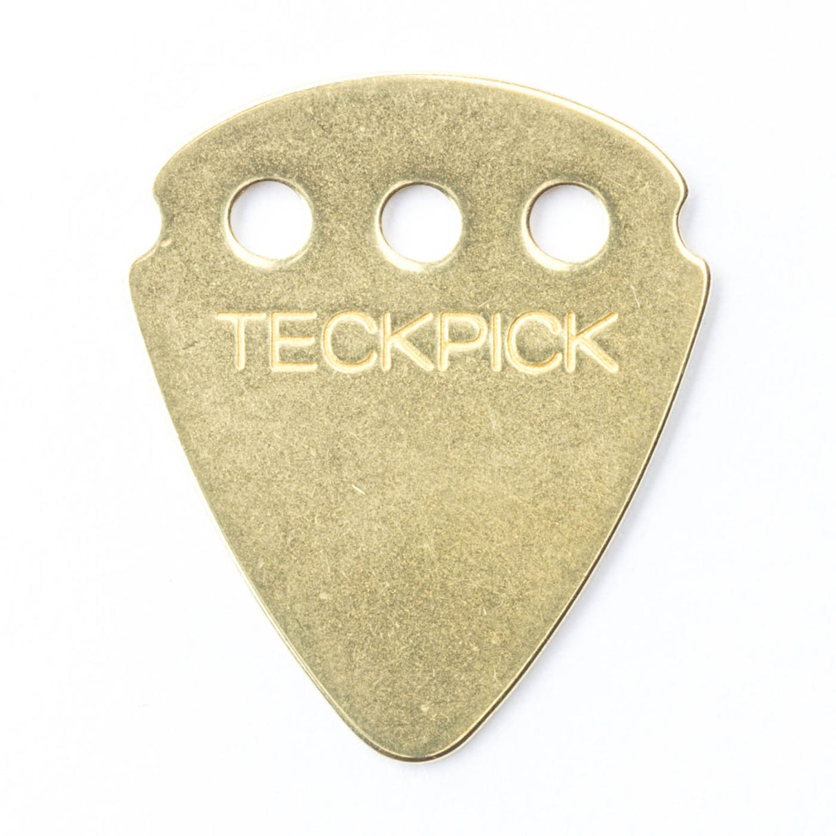 Gold guitar pick with 'TECKPICK' branding on a white background