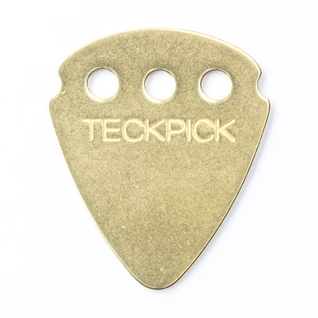 Gold guitar pick with 'TECKPICK' branding on a white background