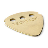 Gold guitar pick with 'TECKPICK' engraving on a white background