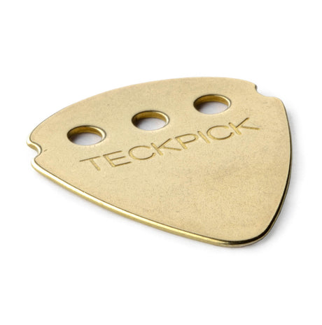 Gold guitar pick with 'TECKPICK' engraving on a white background