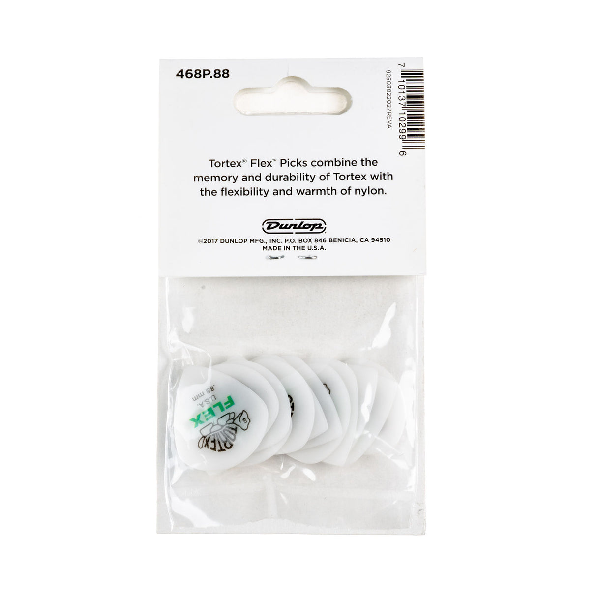 Packaged Dunlop Tortex Flex guitar picks with a clear plastic bag showing picks inside