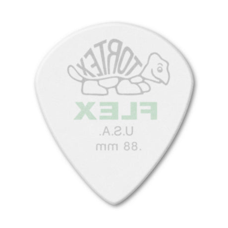White guitar pick with 'Tortex Flex' branding on a white background
