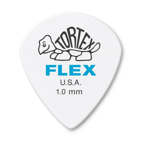 White guitar pick with Tortex Flex branding on a white background