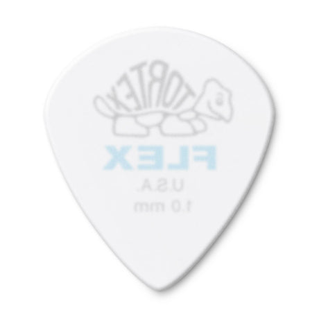 White guitar pick with brand logo on a white background