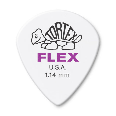White guitar pick with Tortex Flex branding on a white background