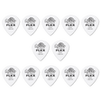 A grouping of twelve white Dunlop Tortex Flex guitar picks on a white background