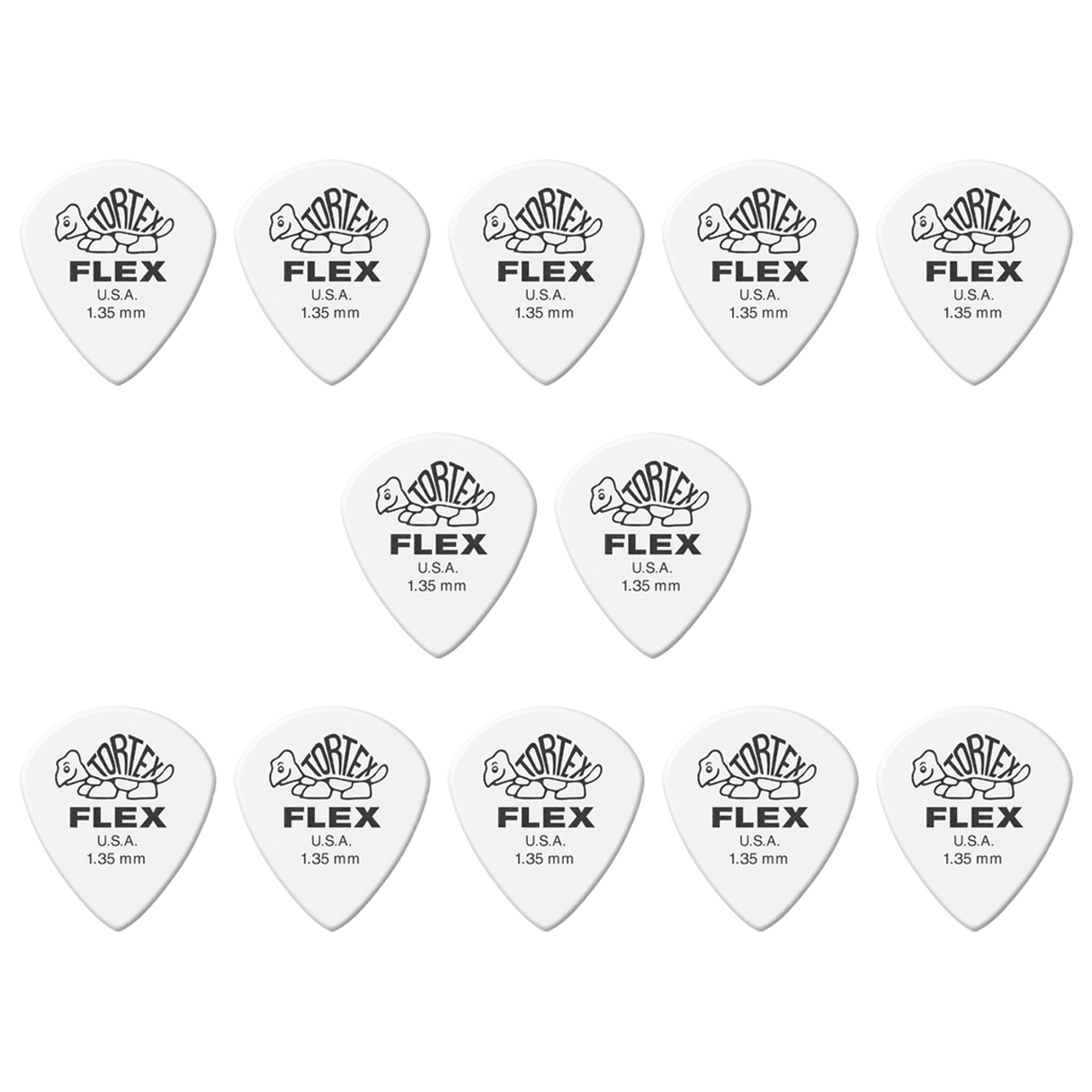 A grouping of twelve white Dunlop Tortex Flex guitar picks on a white background