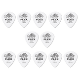 A grouping of twelve white Dunlop Tortex Flex guitar picks on a white background