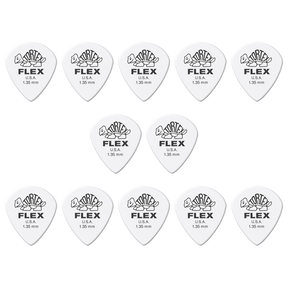 A grouping of twelve white Dunlop Tortex Flex guitar picks on a white background