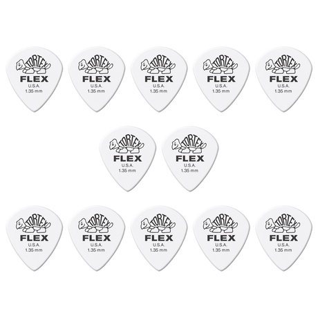 A grouping of twelve white Dunlop Tortex Flex guitar picks on a white background