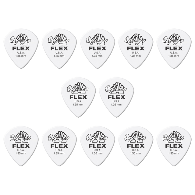 A grouping of twelve white Dunlop Tortex Flex guitar picks on a white background
