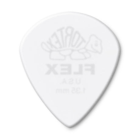 White guitar pick with a brand logo on a white background