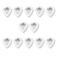 A grouping of twelve white Dunlop Tortex Flex picks on a white background