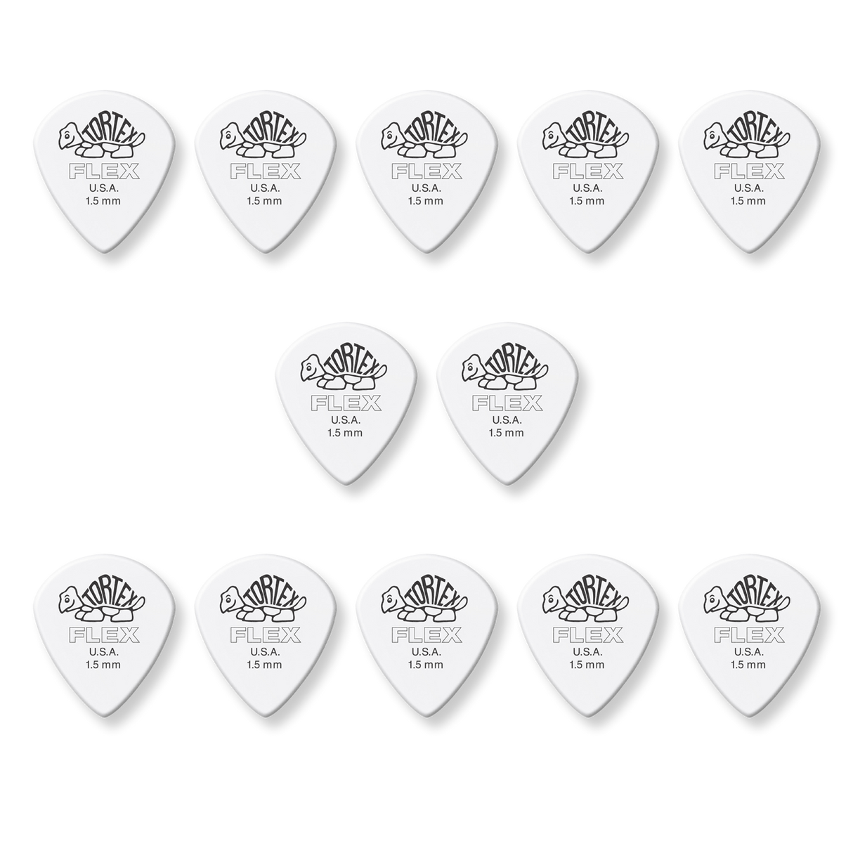 A grouping of twelve white Dunlop Tortex Flex picks on a white background