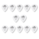 A grouping of twelve white Dunlop Tortex Flex picks on a white background