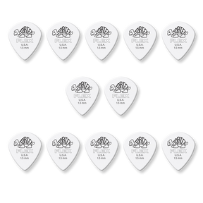 A grouping of twelve white Dunlop Tortex Flex picks on a white background