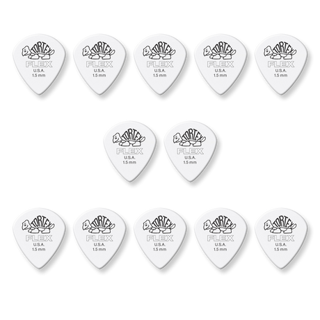 A grouping of twelve white Dunlop Tortex Flex picks on a white background