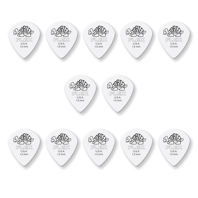A grouping of twelve white Dunlop Tortex Flex picks on a white background