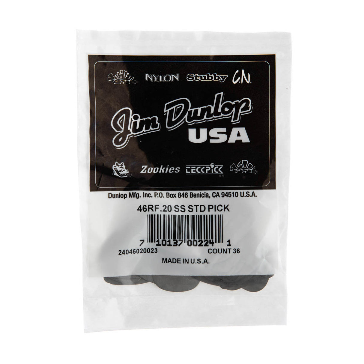 A  bag of Dunlop branded guitar picks on a white background