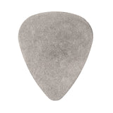 A stainless steel guitar pick on a white background