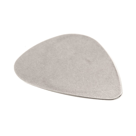 A stainless steel guitar pick on a white background