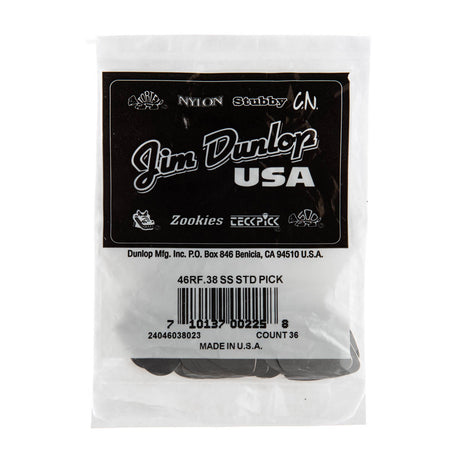 A bag of Dunlop branded guitar picks on a white background