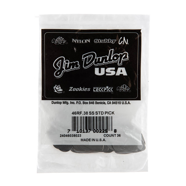 A bag of Dunlop branded guitar picks on a white background