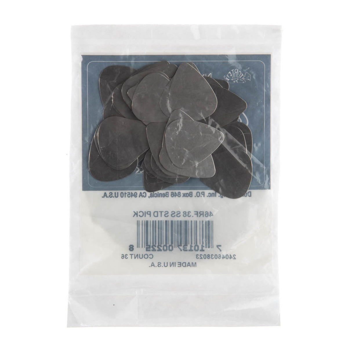 The backside of a bag of guitar picks with picks visible inside