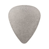 A stainless steel guitar pick on a white background