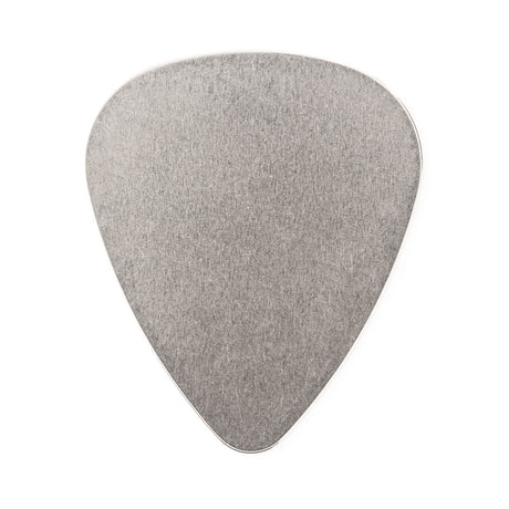 A stainless steel guitar pick on a white background