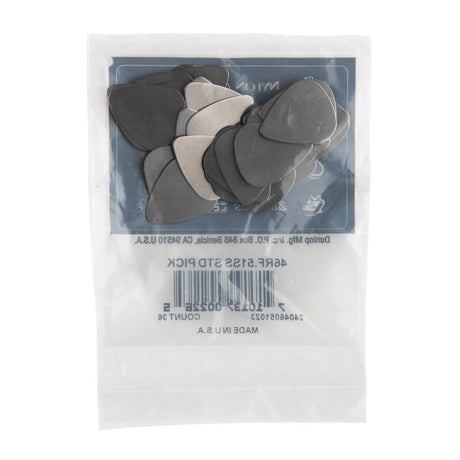 The backside of a bag of guitar picks with picks visible - on a white background