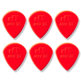Six red guitar picks with 'Jazz III' branding on a white background