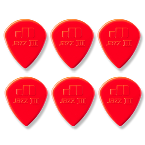 Six red guitar picks with 'Jazz III' branding on a white background