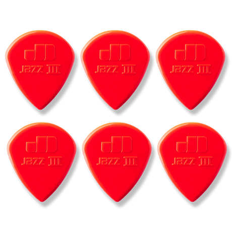 Six red guitar picks with 'Jazz III' branding on a white background
