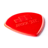 A red guitar pick with Jazz III engraving on a white background