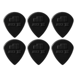 Set of six black guitar picks with 'Jazz III' branding on a white background