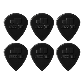 Set of six black guitar picks with 'Jazz III' branding on a white background