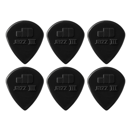 Set of six black guitar picks with 'Jazz III' branding on a white background