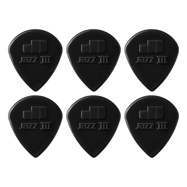 Set of six black guitar picks with 'Jazz III' branding on a white background