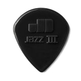 Black guitar pick with 'Jazz III' branding on a white background
