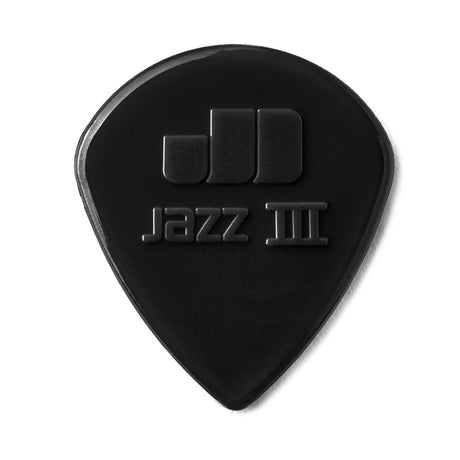 Black guitar pick with 'Jazz III' branding on a white background