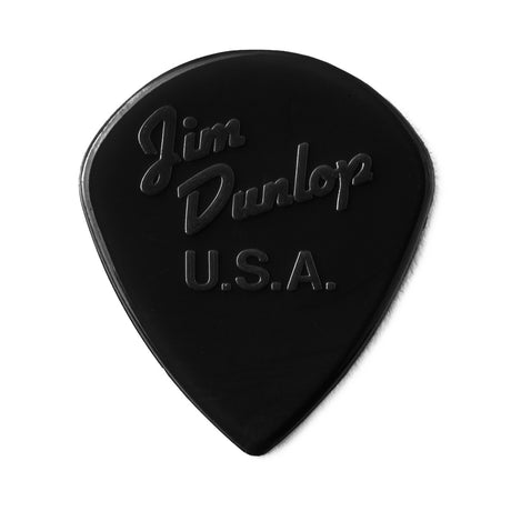 Black guitar pick with 'Jim Dunlop U.S.A.' engraving on a white background