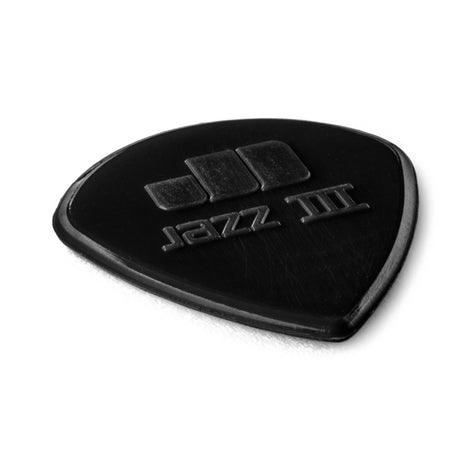 Black guitar pick with 'Jazz III' branding on a white background