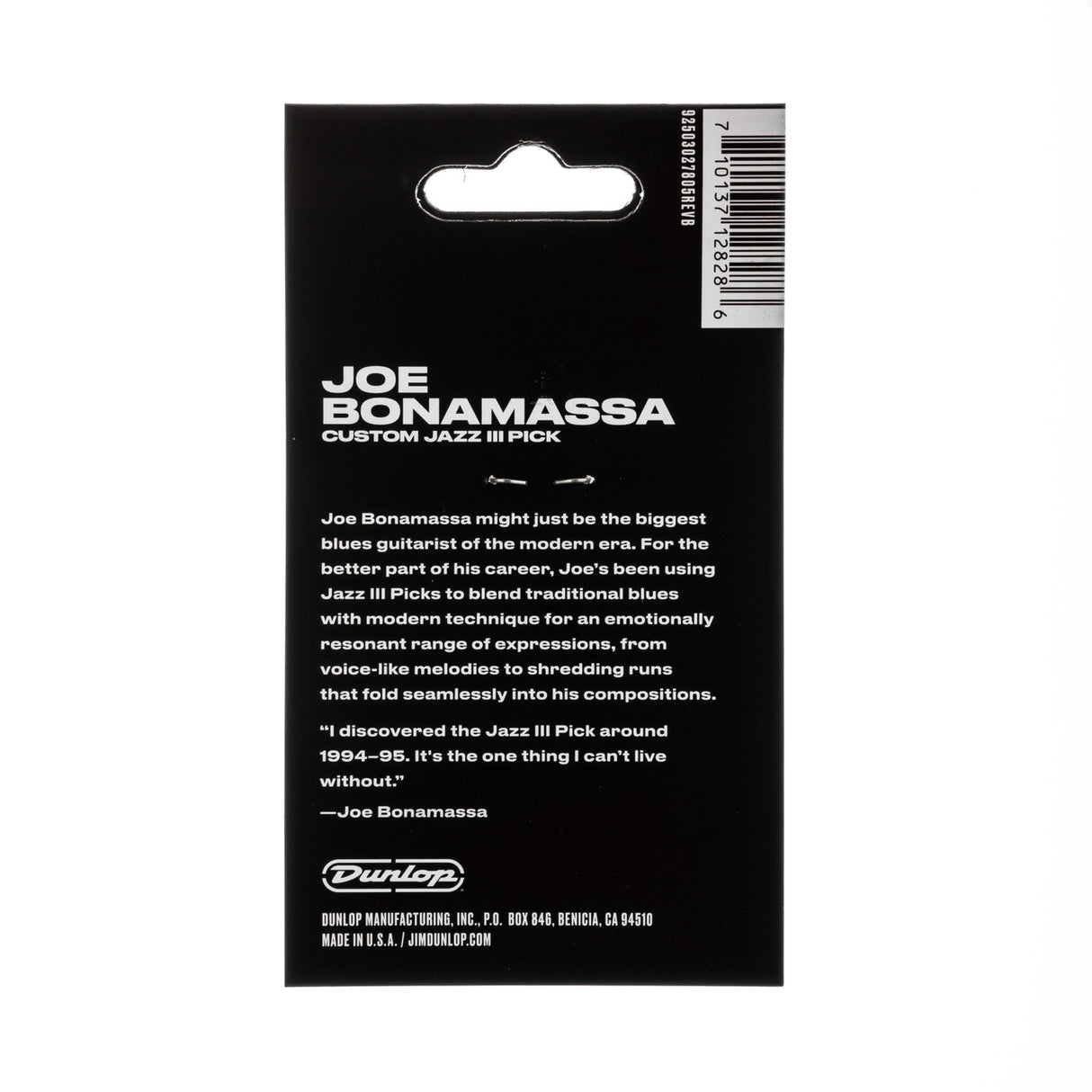 The backside of a package of Joe Bonamassa Dunlop guitar picks with brand details on a white background