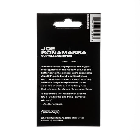 The backside of a package of Joe Bonamassa Dunlop guitar picks with brand details on a white background