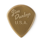Brown guitar pick with 'Jim Dunlop U.S.A.' engraving on a white background