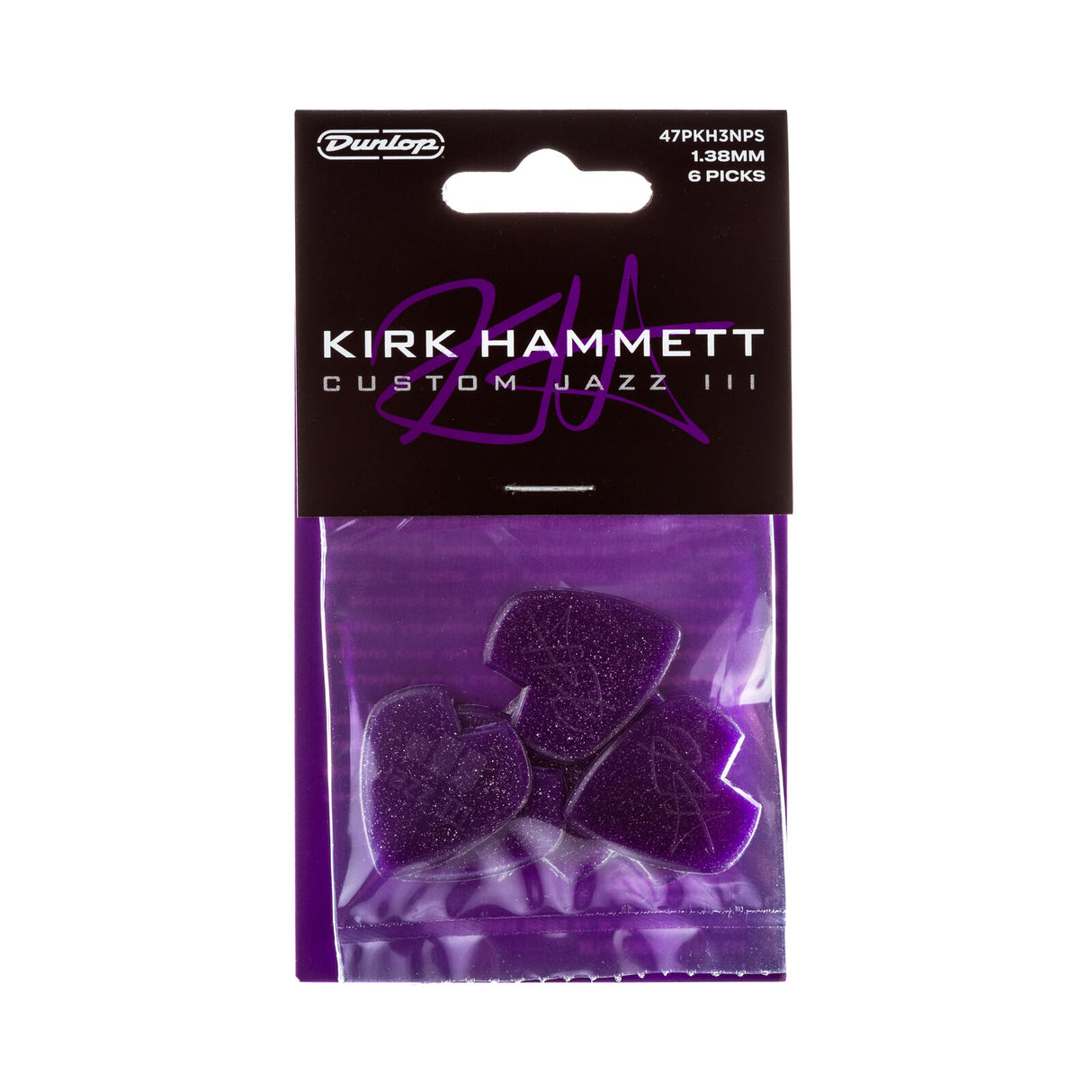 Pack of purple Kirk Hammett Custom Jazz III guitar picks with Dunlop branding on a white background